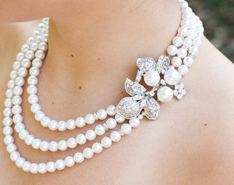 bridal necklace, pearl bridal necklace, Wedding Rhinestone necklace, pearl necklace wedding, pearl necklace, Statement necklace, SHARON