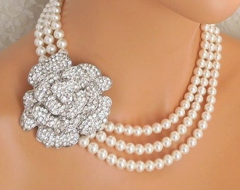 pearl bridal necklace, wedding rhinestone necklace, wedding necklace pearl, wedding statement necklace, pearl necklace, pearl, MADISON
