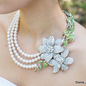 Bridal Pearl Necklace: Rhinestone Flower, Green Accents, ANNIE
