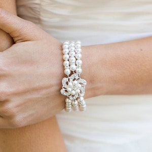 bridal bracelet pearl, rhinestone Bracelet wedding, Wedding pearl bracelet, bridal jewelry, pearl bracelet, rhinestone bracelet, AMELIA image 1