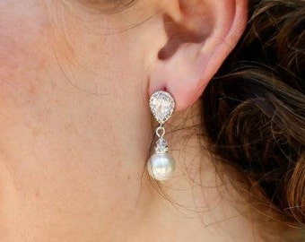 Bridal pearl Earrings, wedding rhinestone Earrings, bridal earrings, pearl earrings, rhinestone earrings, bridal jewelry, bridesmaid, AUDREY