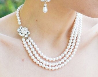 bridal Pearl Necklace, wedding rhinestone necklace, pearl necklace wedding, bridal necklace, rhinestone necklace, statement necklace, Amelia