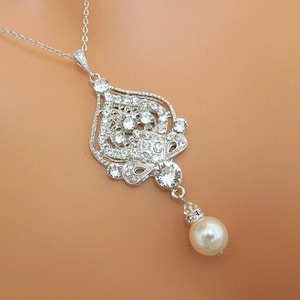 Pearl Drop Wedding Necklace: Rhinestone Crystal Bridal Jewelry, STELLA