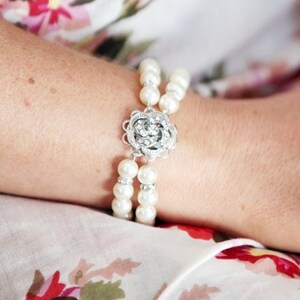 Strass bruidsarmband: parel trouwsieraden, roosdetail, ROSELANI