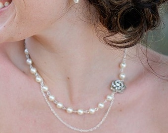 bridal pearl necklace, Wedding Rhinestone necklace, wedding necklace bridal jewelry, pearl necklace, rhinestone necklace, pearl, ROSELANI