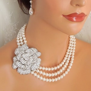 Pearl Bridal Necklace: Rhinestone Flower Wedding Statement Jewelry, MADISON