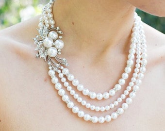 Bridal pearl and crystal necklace, Statement Bridal necklace, Wedding Rhinestone necklace, pearl necklace, rhinestone necklace, pearl, JULIE