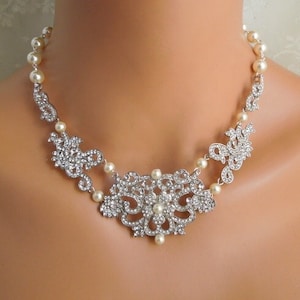 Bridal Pearl Rhinestone Necklace: Vintage Wedding Jewelry, RENA