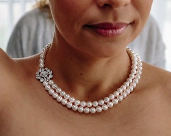 bridal Pearl Necklace, wedding Rhinestone Necklace, wedding statement necklace, bridal jewelry, pearl necklace, Rhinestone Necklace, COLLEEN