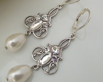 Bridal pearl Earrings, Bridal earrings chandelier, wedding Rhinestone Earrings, Pearl earrings, rhinestone earrings, crystal earrings, IRMA