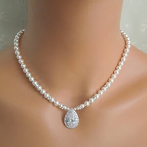 Cubic Zirconia Pearl Bridal Necklace: Teardrop CZ Wedding Jewelry, ASHA