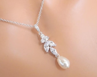 bridal pearl necklace, wedding rhinestone necklace, pearl necklace, bridesmaid jewelry, rhinestone necklace, teardrop necklace, LORNA