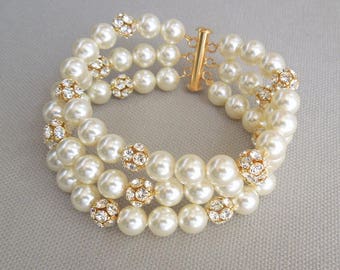 Pearl bracelet gold, pearl bracelet wedding, pearl bracelet, rhinestone bracelet, rhinestone bracelet vintage, wedding bracelets, CLAIRE