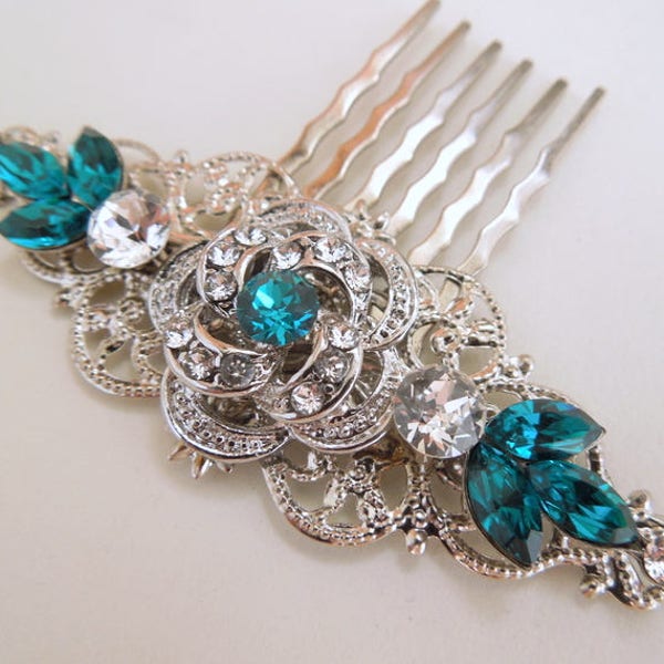 Wedding Hair Accessories, bridal rhinestone hair comb, wedding crystal hair comb, blue hair comb, teal hair comb, blue comb, ROSELANI