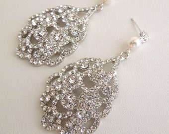 bridal crystal earrings, wedding rhinestone earrings, Bridal pearl Earrings, bridal earrings chandelier, statement earrings, pearl, SUSANE