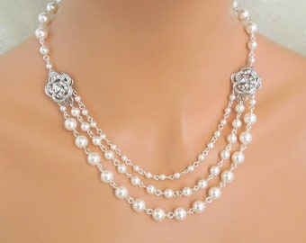 collier de perles de mariée, collier de toile de fond, collier de mariage, bijoux de mariée, collier de strass, bijoux de mariée, perle, ROSELANI
