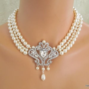Pearl Statement Necklace: Rhinestone Brooch, Vintage Bridal Jewelry