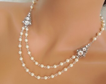 Bridal necklace pearl, bridal pearl necklace, wedding rhinestone necklace, wedding necklace, pearl necklace, rhinestone necklace, PENELOPE