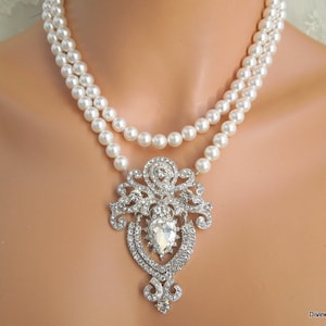 Bridal Pearl & Rhinestone Necklace: Statement Wedding Jewelry, Art Deco Design, FAY