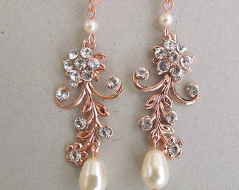 pearl Bridal Earrings, wedding rhinestone earrings, bridal earrings Chandeliers, bridal earrings pearl, rhinestone earrings, leaf, GERBERA