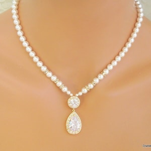 Gold Bridal Pearl Necklace: Rhinestone Teardrop Wedding Jewelry, Whitney