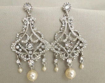 Bridal pearl Earrings, Wedding Rhinestone Earrings, bridal earrings Chandeliers, pearl earrings, rhinestone earrings, vintage style, ALEXA