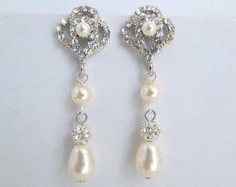 pearl Bridal Earrings, Rhinestone Wedding Earrings, bridal Earrings Chandeliers, pearl earrings, rhinestone earrings, vintage style, EVELINA