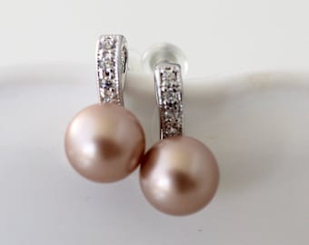 Pearl Bridal Earrings, Bridal stud Earrings, cubic zirconia stud earrings, wedding pearl and rhinestone earrings, wedding earrings, ELLE