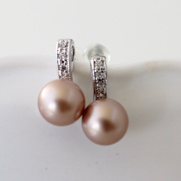 Pearl Bridal Earrings, Bridal stud Earrings, cubic zirconia stud earrings, wedding pearl and rhinestone earrings, wedding earrings, ELLE