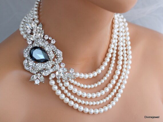 Bridal Pearl Necklace Wedding Rhinestone Necklace Pearl Necklace Wedding Rhinestone and Pearl Necklace Statement Necklace MIRANDA Etsy