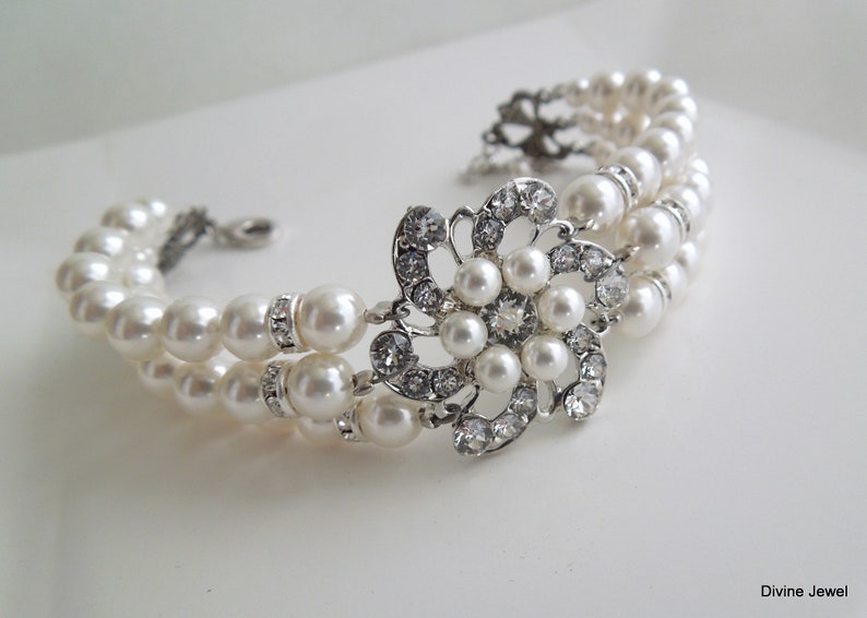 bridal bracelet pearl, rhinestone Bracelet wedding, Wedding pearl bracelet, bridal jewelry, pearl bracelet, rhinestone bracelet, AMELIA image 2