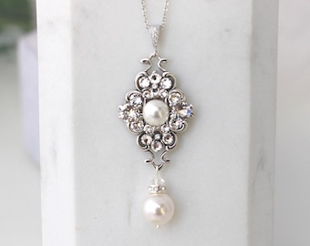 Bridal Pearl Necklace with Swarovski Crystals, Vintage Wedding Jewelry in Silver or Rose Gold, Claude