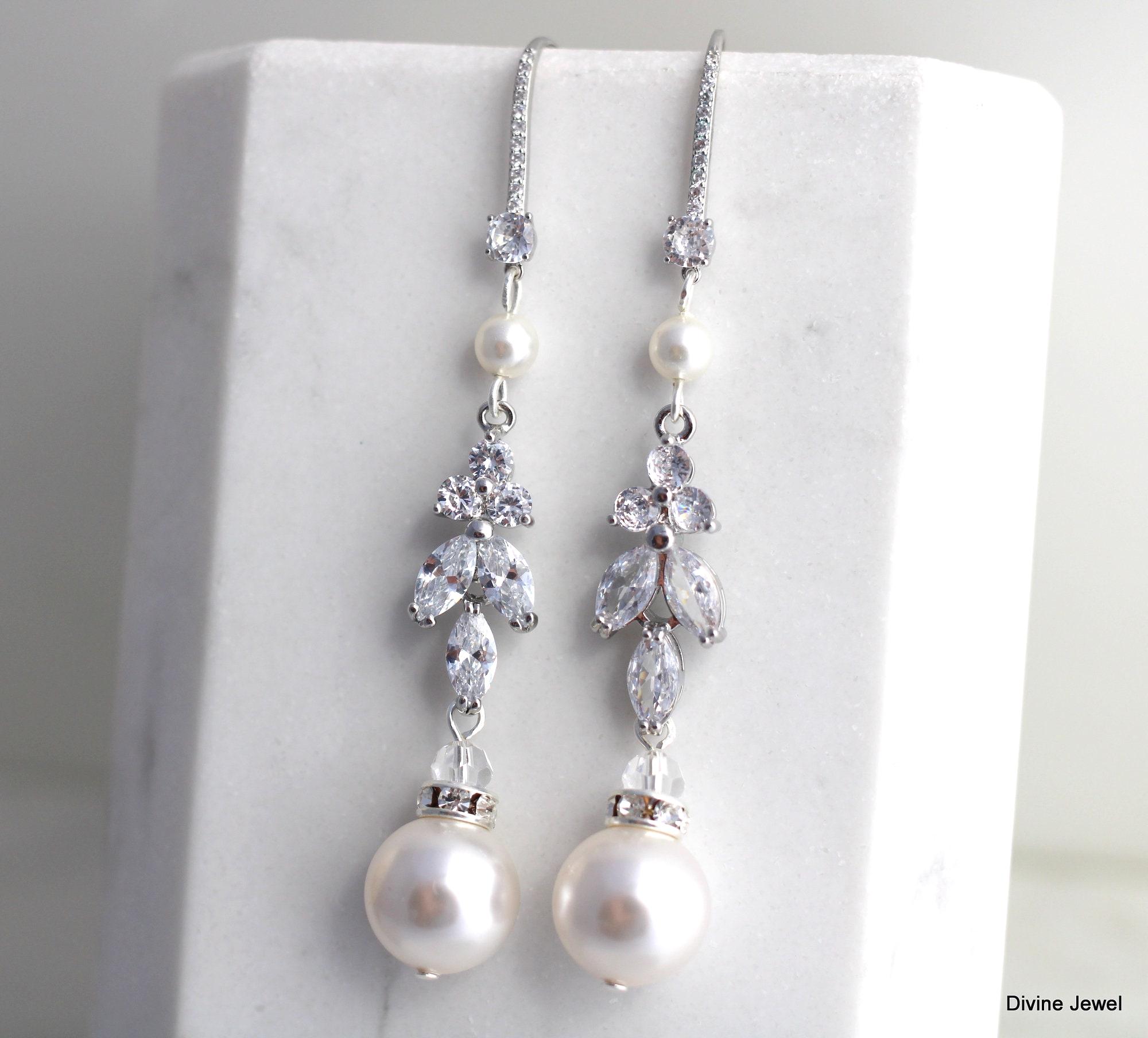 Pearl Bridal Chandelier Earrings: Cubic Zirconia Rhinestone Drop, Lorna