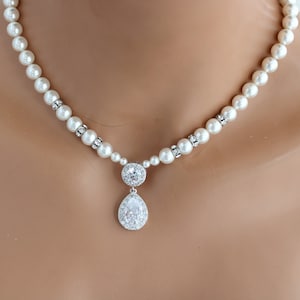 Bridal Pearl Necklace: Rhinestone Teardrop Pendant, Wedding Jewelry, Whitney