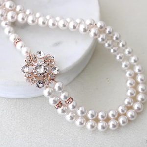 Rose Gold Bridal Pearl Necklace: Rhinestone Wedding Jewelry, Colleen