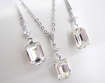 Bridal Necklace Set, Drop Earrings Wedding Jewelry, Emerald Cut Crystal, Rhodium Plated, ARIA