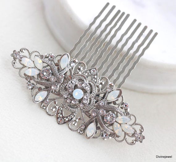 White and Silver Hair Styling Comb Accessory Bridal Flower Hair Comb, White Flower Wedding Headpiece  main image 2