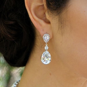 Crystal Bridal Chandelier Earrings: Teardrop Rhinestone Wedding Jewelry, Sterling Silver Post, ARIA