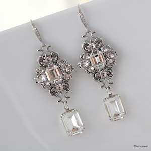 crystal earrings for bride, emerald cut dangle earrings, crystal wedding earrings, bridal jewelry for wedding, CZ bridal earrings, BLANCHE
