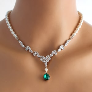 Bridal Necklace Set Emerald Teardrop: Pearl Wedding Jewelry, Luisa