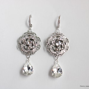 crystal Earrings dangle, bridal earrings drop, wedding crystal jewelry, Statement Earrings wedding, lever back Earrings silver, ROSELANI