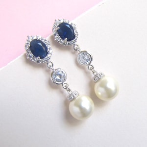 bridal Pearl earrings, wedding rhinestone Earrings, Bridal Earrings chandelier, pearl earrings, something blue pearl drop earrings, CZ, EJA