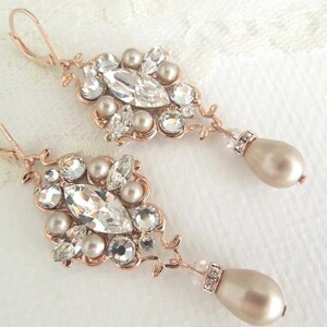 Rose Gold Pearl Dangle Earrings: Bridal Champagne Crystal Filigree, GABY