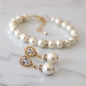 Pearl Wedding Jewelry Set: Cubic Zirconia Bracelet & Sterling Silver Earrings RENEE