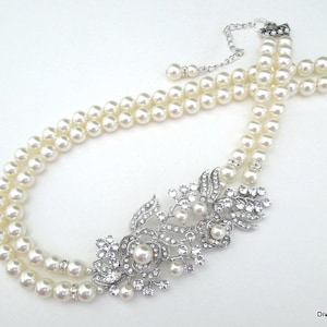 Bridal Pearl Necklace: Rhinestone & Pearl Jewelry, Wedding Jewelry, Rose Design, ROSSE