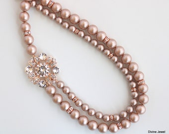 Rose Gold Bridal Pearl Necklace, Wedding Rhinestone Necklace