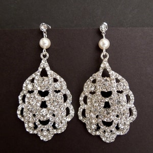 Rhinestone earrings with pearl, statement earrings bridal, earrings for bride wedding, crystal dangle earrings, drop earrings bridal, SUSANE