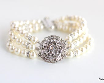 Pearl Bridal Bracelet, Vintage Style Wedding Jewelry, Victorian Rose Design, ROSELANI