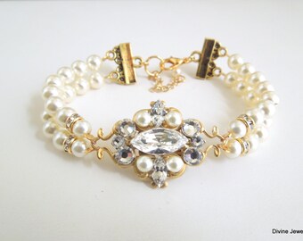Hochzeit Armband mit Kristallen und Perlen, Gold Strass Hochzeitsschmuck, Swarovski Kristall Statement Piece, Gaby