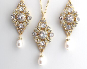 Gold Pearl Chandelier Jewelry Set, Vintage Crystal Bridal Necklace Earrings, Colleen
